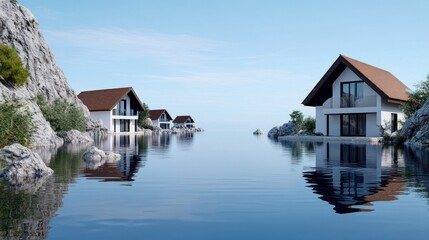Fototapeta premium Modern houses by a tranquil lake with rocky surroundings.