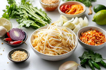 Preparing delicious pad thai ingredients kitchen counter food arrangement bright lighting overhead view culinary delight