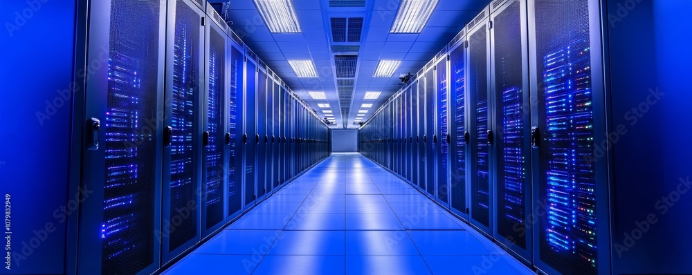 Poster high-tech data center with blue led lighting and modern servers