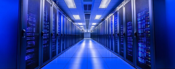 High-Tech Data Center with Blue LED Lighting and Modern Servers