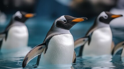 Fototapeta premium Three elegant penguins waddle gracefully in clear blue water, showcasing their unique features and charming personalities.
