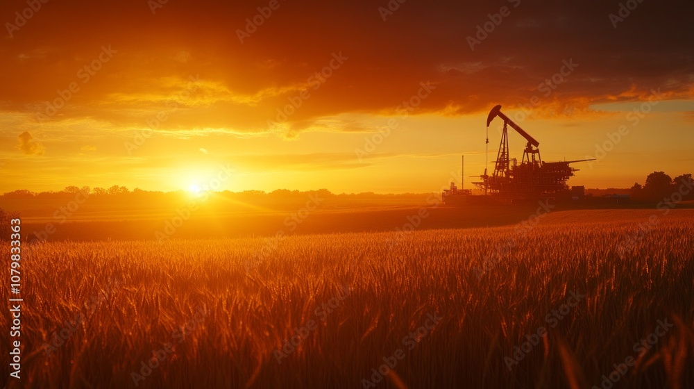 Poster a sunset over a field with a large oil rig in the foreground