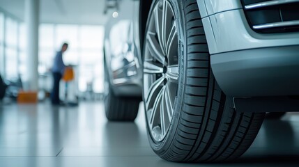 Close-up of a car tire in a modern showroom, showcasing sleek design and high-performance details with a blurred background of activity.