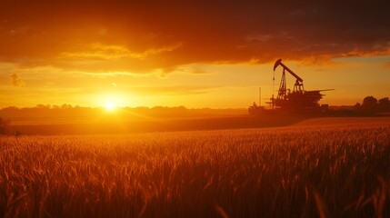 A sunset over a field with a large oil rig in the foreground