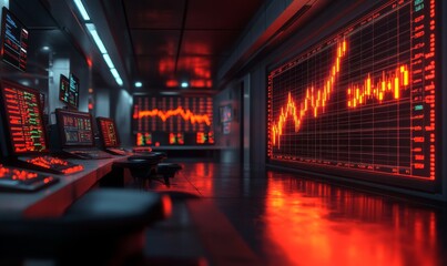 Glowing stock chart floating in a dark financial room, high-tech trading concept, 3D illustration