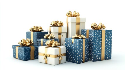 Obraz premium A collection of white and blue gift-wrapped Christmas boxes on a white background.