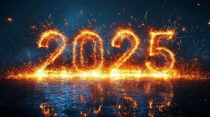 Glowing sparks forming the number 2025 on a dark background.
