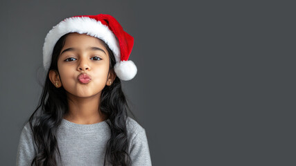 Indian girl student blowing a kiss in christmas wear and santa hat isolated on gray