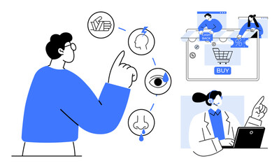 Man interacting with symbols of touchpoints recommendation, brain, eye. Online shopping screen showing buy button. Customer service agent on laptop aiding. Ideal for marketing, e-commerce, user