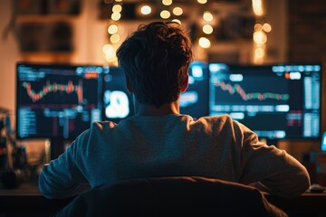 Fototapeta premium A young man sits and monitors cryptocurrency charts showing ups and downs on multiple screens in a modern setup, with dim lighting and high detail from a behind-the-scenes view..
