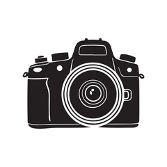 Vintage camera illustration, black and white design.