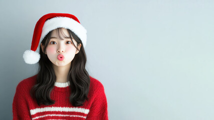 Japanese girl student blowing a kiss in christmas wear and santa hat isolated on gray