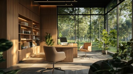 Office interior with meeting table and chairs, ceo desk near window. Mockup wall