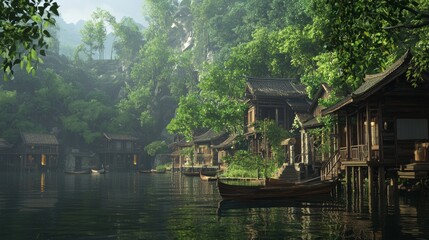 Fototapeta premium Serene Lakeside Village in Rural China with Traditional Wooden Homes and Fishing Boats Surrounded by Lush Forests | Ultra-Detailed Landscape Scene