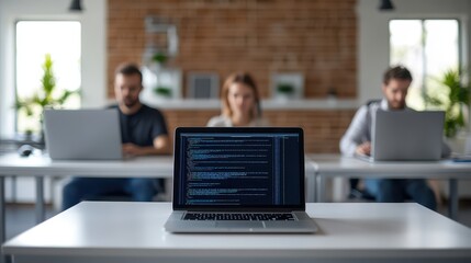 Focused professionals work on laptops in a modern office, showcasing teamwork and concentration in a collaborative environment.