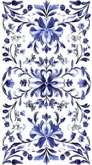 Fototapeta premium Detailed Symmetrical Floral Pattern in Vintage Mediterranean Tile Inspired Style with Blue and White Color Scheme