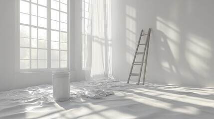 Renovation of the white room with ladder, painting cans and plastic sheeting on the floor.