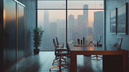 Office interior with meeting table and chairs, ceo desk near window. Mockup wall