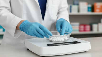A pharmacist weighing medication on a digital scale, emphasizing precision and cleanliness in a pharmacy environment.