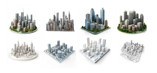 Collection of 3D cityscape model with skyscrapers on a transparent background