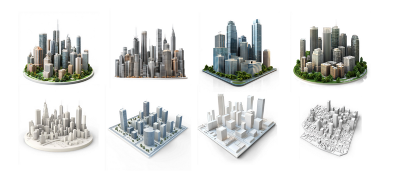 Collection of 3D cityscape model with skyscrapers on a transparent background