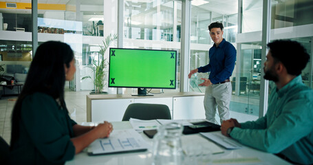 Green screen, presentation and business people in office for meeting with online feedback, project and review. Corporate, monitor and workers with mockup space for conference, seminar and discussion