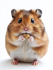 Chubby Hamster Holding Seed with Curious Gaze on White Background