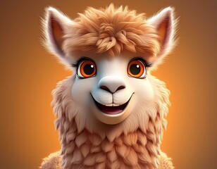 A smiling, fluffy, super long-haired, soft, 3D cartoon character alpaca with big brown eyes, long eyelashes