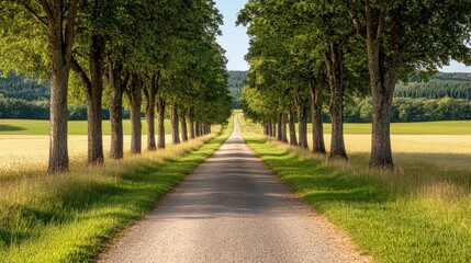 A scenic tree-lined road leads through vibrant fields, showcasing a perfect blend of nature's beauty and tranquility.