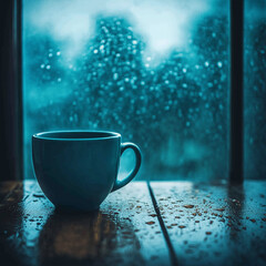 Obraz premium Blue coffee mug on wet windowsill with raindrops – intimate and melancholic moment evoking introspection and the quiet isolation of Blue Monday