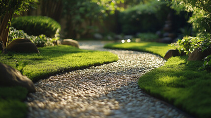 Obraz premium beautiful green garden with a stone path leading through it