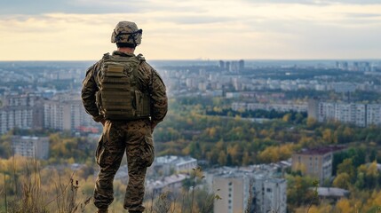 A soldier stands on a hill overlooking a city