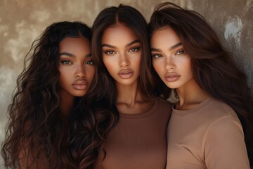 Three beautiful african american women with long hair extensions.