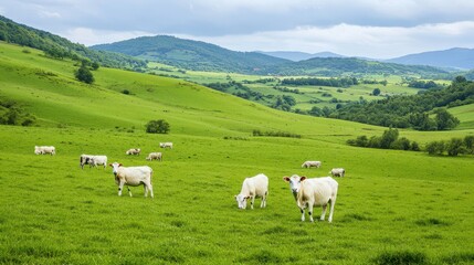 Serene green pasture with grazing cows under a cloudy sky, showcasing the beauty of rural landscapes and farming.