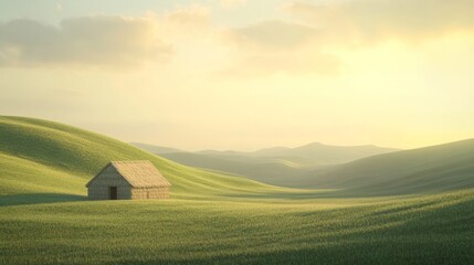 Minimalist scene with a lone straw house in an open prairie, surrounded by soft rolling hills. Sunset lighting.