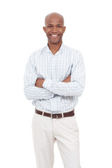 Business, smile and portrait of black man with arms crossed on white studio background. African entrepreneur, happy and confident worker or creative public relations agent with opportunity in Nigeria