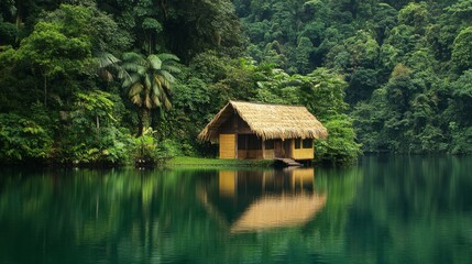 Fototapeta premium Simple straw hut by a calm lake, with clear reflections of the house and the trees surrounding the water