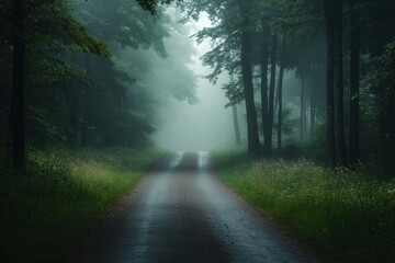 Obraz premium A misty forest road with tall trees on each side leading into the fog.