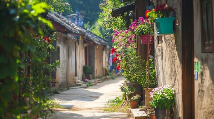 Blissful Nostalgia: Quaint Rural Street in China with Traditional Homes, Children Playing, and Colorful Flower Boxes