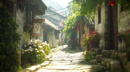 Fototapeta premium Tranquil Charm of Rural China: Traditional Homes, Flower Boxes, and Children Playing in Nostalgic Setting