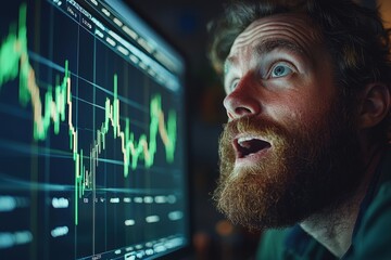 An enthusiastic man gazes excitedly at a green rising cryptocurrency chart, symbolizing optimism and profit potential in the crypto market..