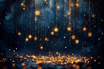 Naklejka premium An enchanting winter-themed background featuring cascading golden stars on a deep navy backdrop, ideal for holiday greeting cards or festive celebrations.
