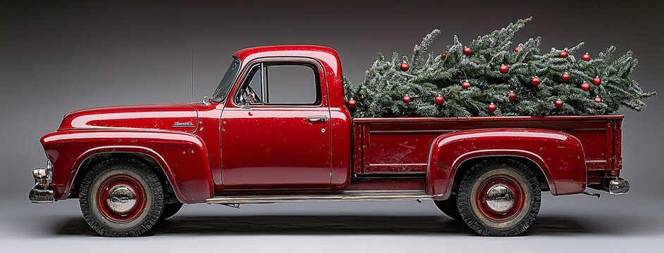 A vintage red pickup truck carrying a beautifully decorated Christmas tree, perfect for holiday marketing, seasonal greetings, and winter festivities.