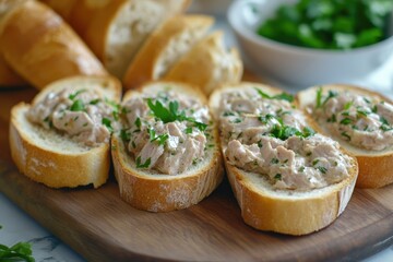 Close up of chicken salad sandwiches. Perfect for illustrating healthy lunch or appetizer.