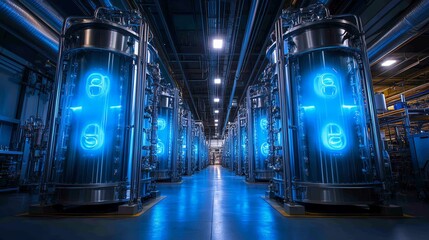 Fototapeta premium Futuristic industrial facility with glowing blue technologies and high-tech equipment.