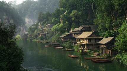 Obraz premium Serene Lakeside Village in Rural China with Traditional Wooden Homes and Fishing Boats Amid Lush Forests - Ultra-Detailed Scenic Landscape Photo