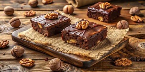 Fototapeta premium Fudgey Brownies Topped with Walnuts and a Smooth Chocolate Glaze, Resting on a Rustic Wooden Board with Scattered Nuts