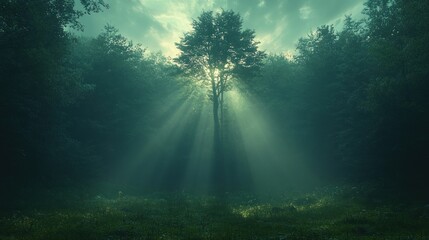 Obraz premium Sunlight Through Foggy Forest