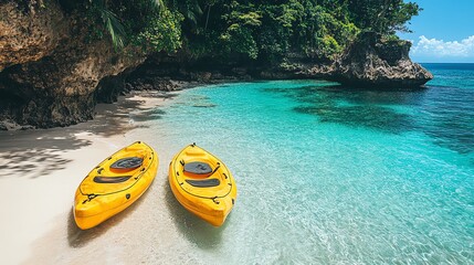 Serene beach scene with yellow kayaks on clear turquoise water under a bright blue sky.