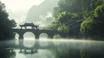 Fototapeta premium Serene Morning in a Chinese Village - Tranquil Rural Scene with Misty River, Villagers, and Ancient Stone Bridges